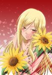  blonde_hair blood blood_on_breasts blood_on_face blush brown_eyes flower higurashi_no_naku_koro_ni holding holding_flower kazahana_chiruwo light_smile long_hair nude simple_background solo sunflower takano_miyo 