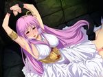  80&#039;s 80s arms_up athena bondage chain collar cuffs dress empty_eyes erect_nipples goddess handcuffs long_hair open_mouth pleasure pleasure_face purple_hair red_eyes saint_seiya saliva saori_kido sitting soiling sweat urine white_dress 