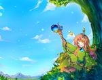  :d androgynous bad_id bad_pixiv_id colored_eyelashes day facepaint feathers highres jpeg_artifacts mishima_kurone mountain no_nose open_mouth orange_eyes orange_hair outdoors pigeon-toed popoi seiken_densetsu seiken_densetsu_2 shade sitting sky smile solo staff tree under_tree yellow_eyes 