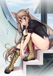  animal_ears blush boots brown_eyes brown_hair day flat_chest from_side highres legs long_hair looking_at_viewer no_pants non-web_source ookami-san ookami_ryouko open_mouth panties sitting sitting_on_stairs solo stairs takada_kazuhiro translated underwear white_panties 
