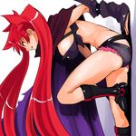  arcana_heart arcana_heart_3 arm_support ass belt boots breasts cape crop_top cutoffs denim denim_shorts detached_sleeves evil_grin evil_smile floating_hair from_side grin knee_boots large_breasts leg_up long_hair looking_afar low_twintails midriff profile red_eyes red_hair scharlachrot shadow short_shorts shorts sideboob simple_background sitting skindentation sleeves_past_wrists smile solo takashi_moritaka twintails very_long_hair white_background wind 