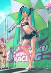  adapted_costume aqua_eyes aqua_hair bandeau boots brand_name_imitation goodsmile_company goodsmile_racing hatsune_miku high_heels jewelry kagamine_rin kazeto legs long_hair megurine_luka midriff miniskirt multiple_girls nail_polish navel parasol platform_footwear race_queen racing_miku racing_miku_(2009) ribs sandals shadow shoes skirt smile suspenders toenail_polish twintails umbrella very_long_hair vocaloid wristband 