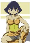  1girl ankh anklet armlet bangs barefoot blue_eyes blue_hair blue_panties breasts cameltoe character_request cleavage dark_skin dress earrings egyptian hand_on_knee highres hikawadou jewelry light_smile looking_at_viewer medabots medarot medarots panties pantyshot pantyshot_(sitting) parted_bangs patra patra_(medabots) shadow short_dress short_hair simple_background sitting smile solo spread_legs striped striped_panties underwear upskirt white_background white_panties 