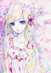  bad_id bad_pixiv_id blonde_hair blue_eyes charmal collarbone dress flower lips long_hair original solo 