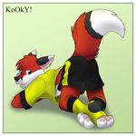  canine clothing cute fox hindpaw kooky legwear looking_at_viewer male mammal paws pose raised_tail shirt shorts socks solo tail toeless_socks young 