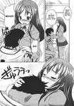  1girl bosshi breast_smother comic doujinshi greyscale hard_translated highres hug monochrome renkyuu_no_kanojotachi school_uniform translated 