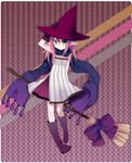 boots broom dress gloves green_eyes pink_hair pointed_ears scarf witch_hat 