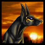  anubian anubis black black_fur blue_eyes canine deity egyptian fur head jackal male mammal portrait sazael sun unknown_artist 