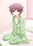  akahige barefoot bed bed_sheet flat_chest highres indoors messy_hair nagato_yuki open_clothes open_shirt pajamas pillow purple_hair room shirt short_hair sleepwear solo suzumiya_haruhi_no_yuuutsu window yellow_eyes 