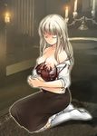  1girl breast_feeding breast_sucking breasts candle indoors kneeling lactation large_breasts long_hair mabinogi mabinogi_heroes no_bra open_clothes open_shirt shirt skirt smile socks spider tieve 