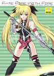  alpine bardiche blonde_hair blood breasts doujinshi energy_blade engrish fate_testarossa gauntlets large_breasts long_hair lyrical_nanoha mahou_shoujo_lyrical_nanoha_strikers nipples pubic_hair pun ranguage red_eyes scythe solo thighhighs torn_clothes twintails 