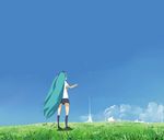  alternate_costume aqua_hair back blue_sky cloud day from_behind grass hatsune_miku keisan long_hair outdoors scenery sky solo twintails vocaloid 