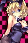  alice_margatroid animal_ears bare_shoulders black_legwear blonde_hair blue_eyes blush bow bowtie breasts bunny_ears bunnysuit checkered checkered_background cleavage fake_animal_ears large_breasts leotard looking_at_viewer navel no_bra pantyhose side-tie_leotard solo touhou touya_(the-moon) wrist_cuffs 