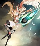  armor armored_dress blonde_hair blue_eyes cloud feathers flower flying hair_over_one_eye hair_wings long_hair lord_of_vermilion mega5155214x outstretched_arm pink_flower pink_rose rose skirt valkyrie valkyrie_(lord_of_vermilion) weapon wings 