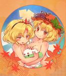  aki_minoriko aki_shizuha areolae blonde_hair breast_press breasts colored_eyelashes face genso-kun groin hair_ornament hairband hat highres leaf leaf_hair_ornament leaf_on_head medium_breasts multiple_girls nude orange_eyes sankuma short_hair siblings sisters smile touhou 