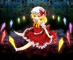  ascot bad_id bad_pixiv_id blonde_hair bow flandre_scarlet hat mary_janes red_eyes rira_fuuka shoes short_hair side_ponytail sitting skirt smile solo touhou wings 