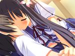  black_hair blush close game_cg kibitsumiya_akari kiss long_hair nimura_yuushi oni_gokko school_uniform 