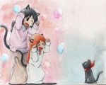  &gt;_&lt; animal_ears black_cat black_eyes black_hair blush cat cat_ears cat_tail closed_eyes io_(380381) kemonomimi_mode labcoat long_hair long_skirt multiple_girls necktie nichijou nyan open_mouth orange_hair professor_shinonome sakamoto_(nichijou) scarf shinonome_nano short_hair skirt sweater tail winding_key 