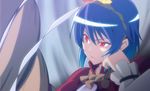  anime_coloring blue_hair chin_rest h-new hand_on_own_cheek hand_on_own_face raised_eyebrow red_eyes rope shimenawa short_hair slit_pupils solo touhou yasaka_kanako 