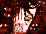  1boy alucard_(hellsing) black black_hair blood demoniac evil_grin evil_smile extra_eyes fangs gloves grin hair hands hellsing insignia long multiple_eyes photoshop red_eyes smile solo vampire wallpaper white_gloves 