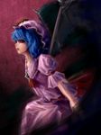  bat_wings blue_hair dress hiepita_(1014) highres lipstick makeup pink_dress pink_lipstick profile red_eyes remilia_scarlet short_hair solo touhou wings 