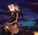  city_scape knee_socks night ponytail red_eyes roof shawl tagme white_hair 