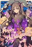  black_hair bow breasts closed_mouth crown dated dress earrings english fate/grand_order fate_(series) hair_bow halloween halloween_costume hand_up happy_halloween highres ishtar_(fate/grand_order) jack-o'-lantern jewelry long_hair long_sleeves looking_at_viewer medium_breasts necklace orange_eyes parted_bangs pumpkin purple_dress red_bow rioka_(southern_blue_sky) scythe skull skull_earrings smile standing twitter_username two_side_up very_long_hair 