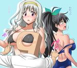  2girls :o bikini black_hair blush bow breast_poke breasts competition_swimsuit ganaha_hibiki hair_bow hairband halterneck idolmaster idolmaster_(classic) large_breasts long_hair marugoshi_teppei multiple_girls one-piece_swimsuit open_mouth p-head_producer poking ponytail producer_(idolmaster) purple_eyes shijou_takane silver_hair surprised sweat swimsuit swimsuit_pull translated 