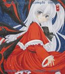  capelet dress hair_bobbles hair_ornament highres long_hair looking_back marker_(medium) red_capelet sample shinki side_ponytail silver_eyes silver_hair solo touhou traditional_media very_long_hair w0ru wings 