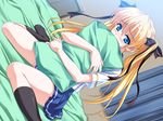  bed blonde_hair blue_eyes blush celes_alford game_cg hug natsumegu pillow pillow_hug school_uniform sitting skirt socks solo tsukasa_yuuki twintails wariza 