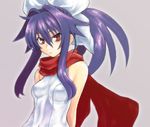  arms_behind_back bare_shoulders bow hair_bow hikabe_sakuho leotard oekaki ponytail purple_hair red_eyes red_scarf ringed_eyes scarf shinrabanshou solo yuuyami_no_mikazuki 