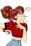 bishoujo_senshi_sailor_moon blouse brown_hair crop_top denim denim_shorts hair_bobbles hair_ornament hand_on_another's_chest hand_on_chest kino_makoto old_school oldschool ponytail profile shorts tshirt 