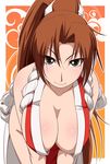  bare_shoulders bent_over breasts brown_hair cleavage fatal_fury hanging_breasts hayashi_custom large_breasts long_hair ponytail shiranui_mai side_slit simple_background solo the_king_of_fighters very_long_hair 