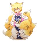  animal_ears blonde_hair expressive_clothes fox_ears fox_tail gloom_(expression) multiple_tails nerugal no_hat no_headwear seiza short_hair simple_background sitting solo tail tape touhou translated yakumo_ran yellow_eyes 
