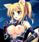  animal_ears aqua_eyes armor bare_shoulders blonde_hair blush breasts dog_days fang fingerless_gloves fox_ears fox_tail framed_breasts gauntlets gloves hot large_breasts nipples open_clothes ponytail puffy_nipples shirt_lift solo tail tateha_(marvelous_grace) upper_body yukikaze_panettone 