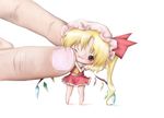  barefoot blonde_hair bow cait-sith chibi fang flandre_scarlet hands hat hat_bow lowres minigirl one_eye_closed red_eyes short_hair side_ponytail skirt skirt_set solo touhou wings 