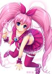  blue_eyes blush bow brooch cure_melody hair_ribbon heart houjou_hibiki jewelry long_hair magical_girl midriff musical_note pink_bow pink_hair precure ribbon skirt smile solo suite_precure thighhighs twintails vivi_tong wrist_cuffs 