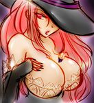  breasts cleavage dragon&#039;s_crown dragon's_crown elbow_gloves fingerless_gloves gloves hat hat_over_one_eye huge_breasts long_hair lonmiy red_eyes red_hair sorceress sorceress_(dragon&#039;s_crown) sorceress_(dragon's_crown) witch witch_hat 