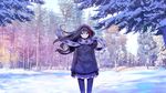  :&lt; akemi_homura arsenixc black_hair blush_stickers day footprints forest hairband long_hair mahou_shoujo_madoka_magica nature outdoors pantyhose pine_tree purple_eyes scarf scenery sleeves_past_wrists snow solo tree wind winter winter_clothes 