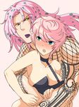  1boy 1girl age_difference blush breasts diavolo embarrassed father_and_daughter green_eyes holding incest jojo_no_kimyou_na_bouken large_breasts long_hair pink_hair short_hair sideboob simple_background size_difference spoilers tattoo top trish_una wristband yellow_eyes 
