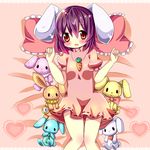  animal_ears bed brown_eyes bunny carat dress inaba_tewi lying necklace on_back pillow purple_hair stuffed_animal touhou usamimi 