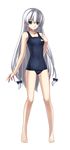  absurdres alternate_costume ar_tonelico ar_tonelico_i barefoot blue_eyes bow braid commentary cross_edge feet full_body hair_bow hands highres hirano_katsuyuki long_hair official_art one-piece_swimsuit school_swimsuit shurelia simple_background solo standing swimsuit twin_braids very_long_hair white_hair 