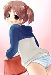  ass blush brown_eyes brown_hair crossdressing gakuen_handsome hair_bobbles hair_ornament hood hoodie kl looking_back male_focus otoko_no_ko panties raglan_sleeves short_twintails simple_background skirt smile solo striped striped_panties twintails underwear yuu_(gakuen_handsome) 