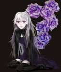  darker_than_black feet flower hair_down long_hair purple_eyes purple_rose rose silver_hair sitting thighhighs yin 