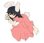  animal_ears barefoot bunny_ears bunny_tail dress inaba_tewi instrument lying noorrzz one_eye_closed pink_dress red_eyes solo tail touhou triangle_(instrument) 