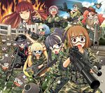  ahoge aiming_at_viewer airsoft ak-47 al_bhed_eyes aor2_(camo) assault_rifle bandaid bangs black_hair blonde_hair blue_eyes blue_hair blunt_bangs bow braid brown_hair building bullet bun_cover camouflage chibi cowboy_hat dpm_(camo) drum_magazine dual_wielding eotech fire flame forehead foreshortening girls_bad_company goggles grenade_launcher grin gun hair_bow hair_ribbon hat headband holding holding_gun holding_weapon jgsdf_(camo) left-handed load_bearing_vest long_hair m203 m4_carbine machine_gun mecha_request mg42 multiple_girls nazi novel o_o open_mouth peaked_cap ponytail purple_hair red_eyes red_hair ribbon rifle ringed_eyes sakazaki_freddy shotgun sleeves_pushed_up smile sun swastika sweat tears tigerstripe_(camo) twintails type_96_light_machine_gun underbarrel_grenade_launcher wavy_hair weapon western 