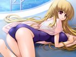  1girl ass blonde_hair breasts game_cg gunner-l huge_breasts koinoki_shizuku laying_down long_hair lying open_mouth pink_eyes pool solo swimsuit tsuri_baka 