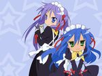  :3 blue_eyes blue_hair blush green_eyes hair_ribbon izumi_konata kagami_hiiragi long_hair lucky_star maid maid_cap maid_headdress purple_hair twin_tails 