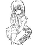  bare_legs between_thighs cellphone frown greyscale kaprice long_hair looking_at_viewer looking_up makise_kurisu monochrome necktie off_shoulder phone shorts sitting sketch solo steins;gate v_arms 