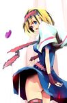  alice_margatroid ascot ass black_legwear black_panties blonde_hair blue_eyes capelet dress fang fingerless_gloves from_behind gloves hairband looking_back open_mouth panties pantyshot petals short_hair solo tatwuku thighhighs touhou underwear white_capelet 